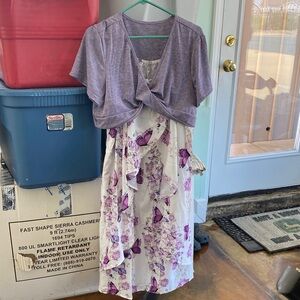 Floral Butterfly Tiered Slip Dress - White & Purple